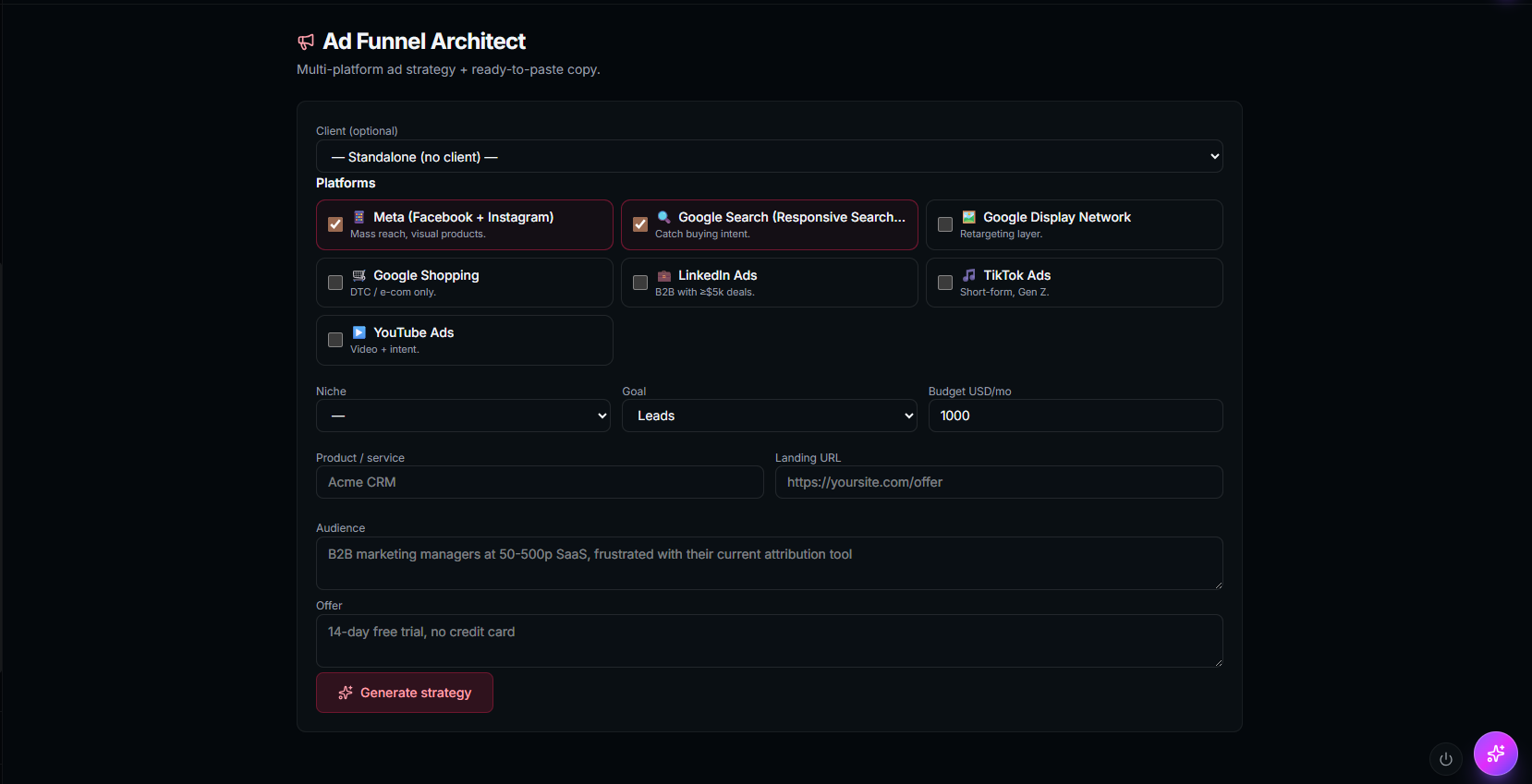 Ad Funnel Architect with platform checkboxes for Meta, Google Search, Google Display, Google Shopping, LinkedIn, TikTok, and YouTube Ads; configured for an Acme CRM B2B SaaS targeting marketing managers with a $1000/mo lead-gen budget