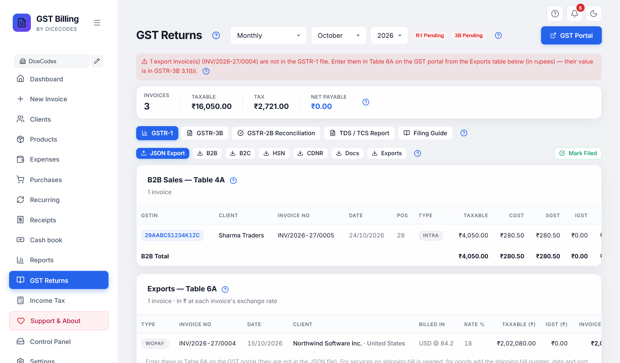 The GSTR-1 tab: B2B sales and the Exports Table 6A for one month