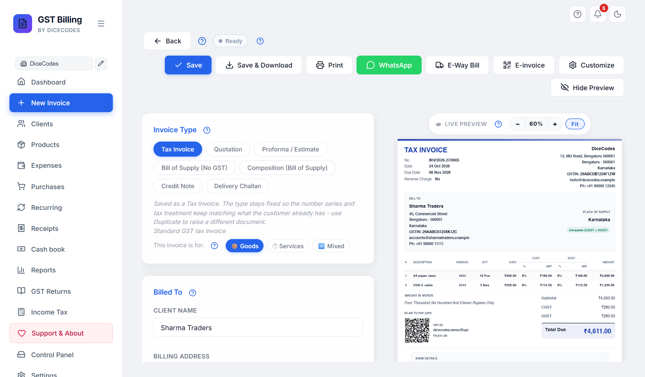 The invoice screen: the form on the left and the live preview on the right