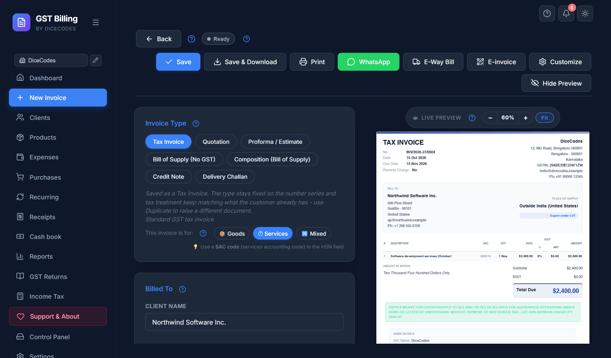The invoice screen in dark mode