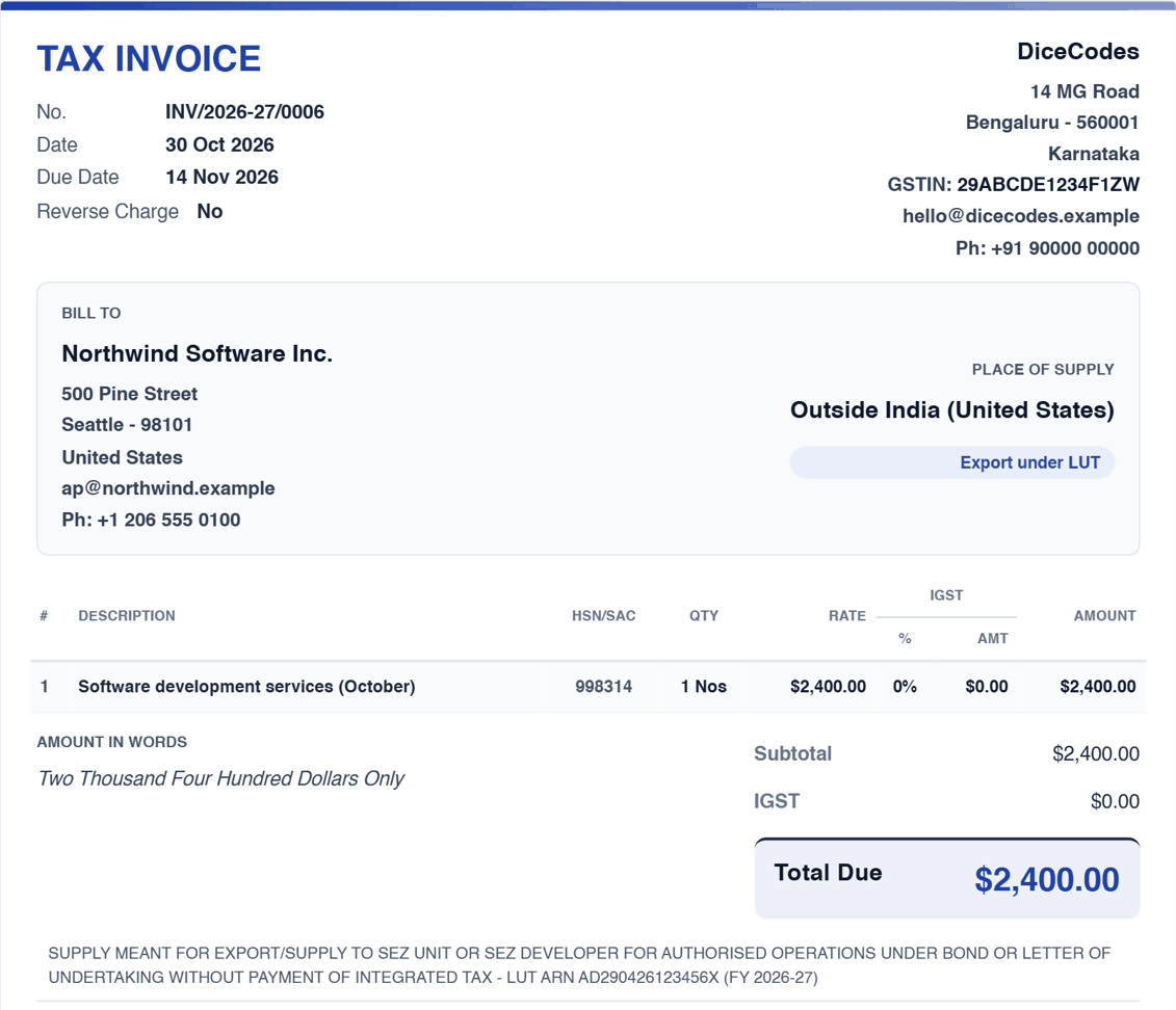An export invoice in US dollars under a LUT, with the Rule 46 declaration and ARN