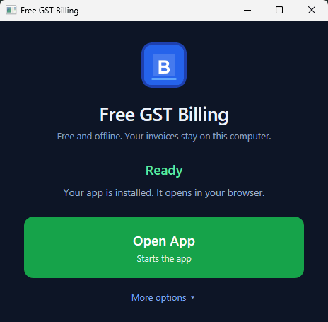 The Windows launcher after install: one Open App button