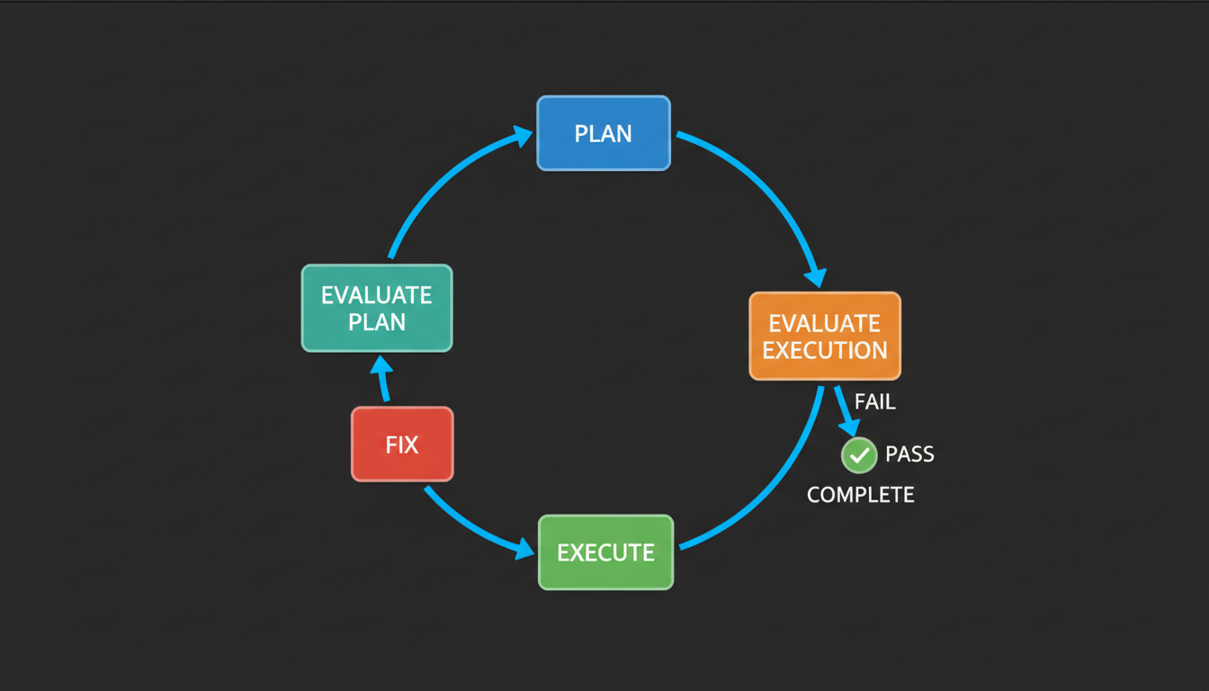 Evaluate-Loop: Plan, Evaluate Plan, Execute, Evaluate Execution, Fix or Complete