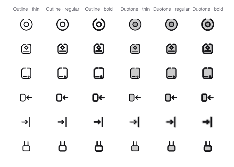 Six icons drawn in all six cells: outline and duotone, each at thin, regular and bold