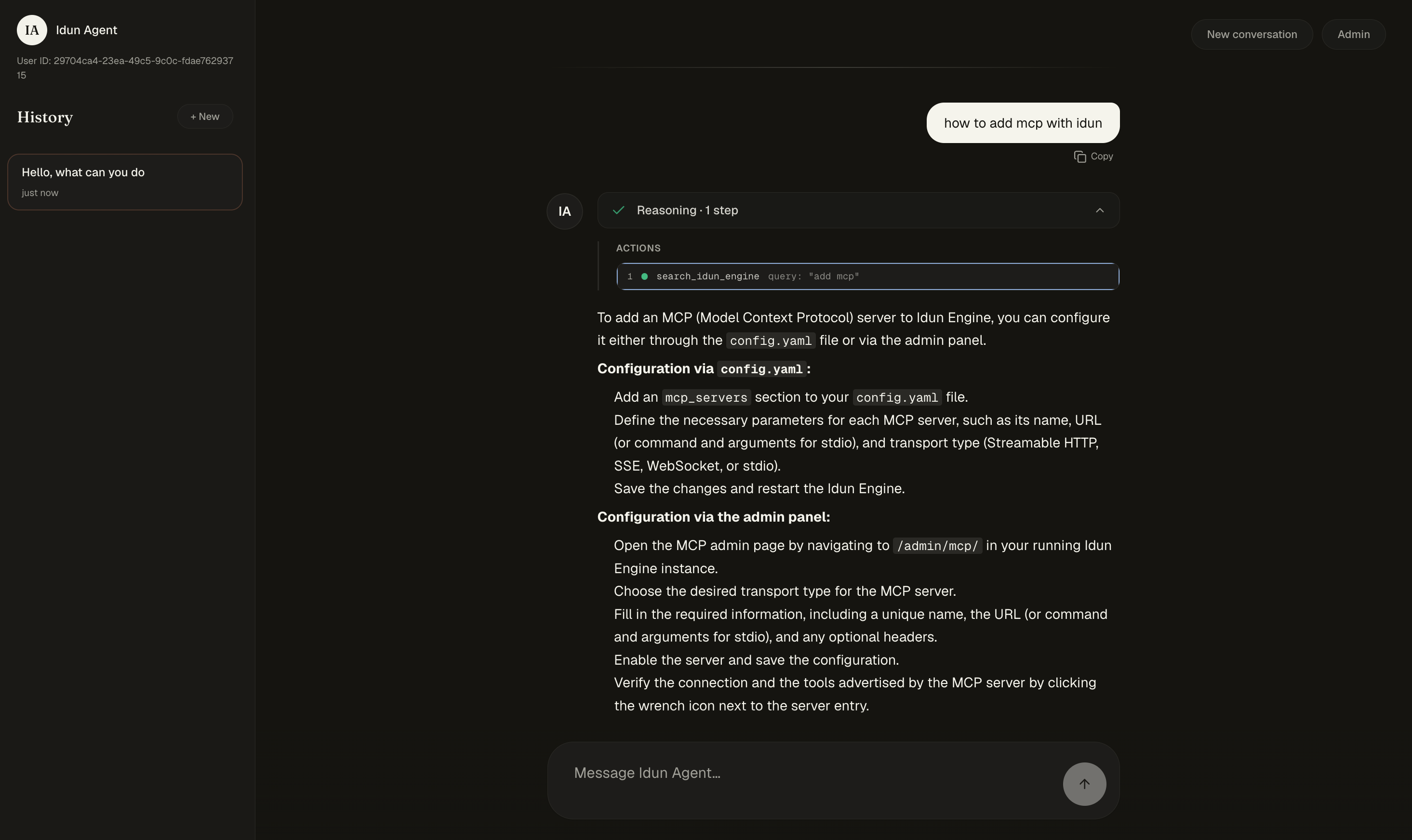 Chat answering an MCP-backed question with tool-call reasoning