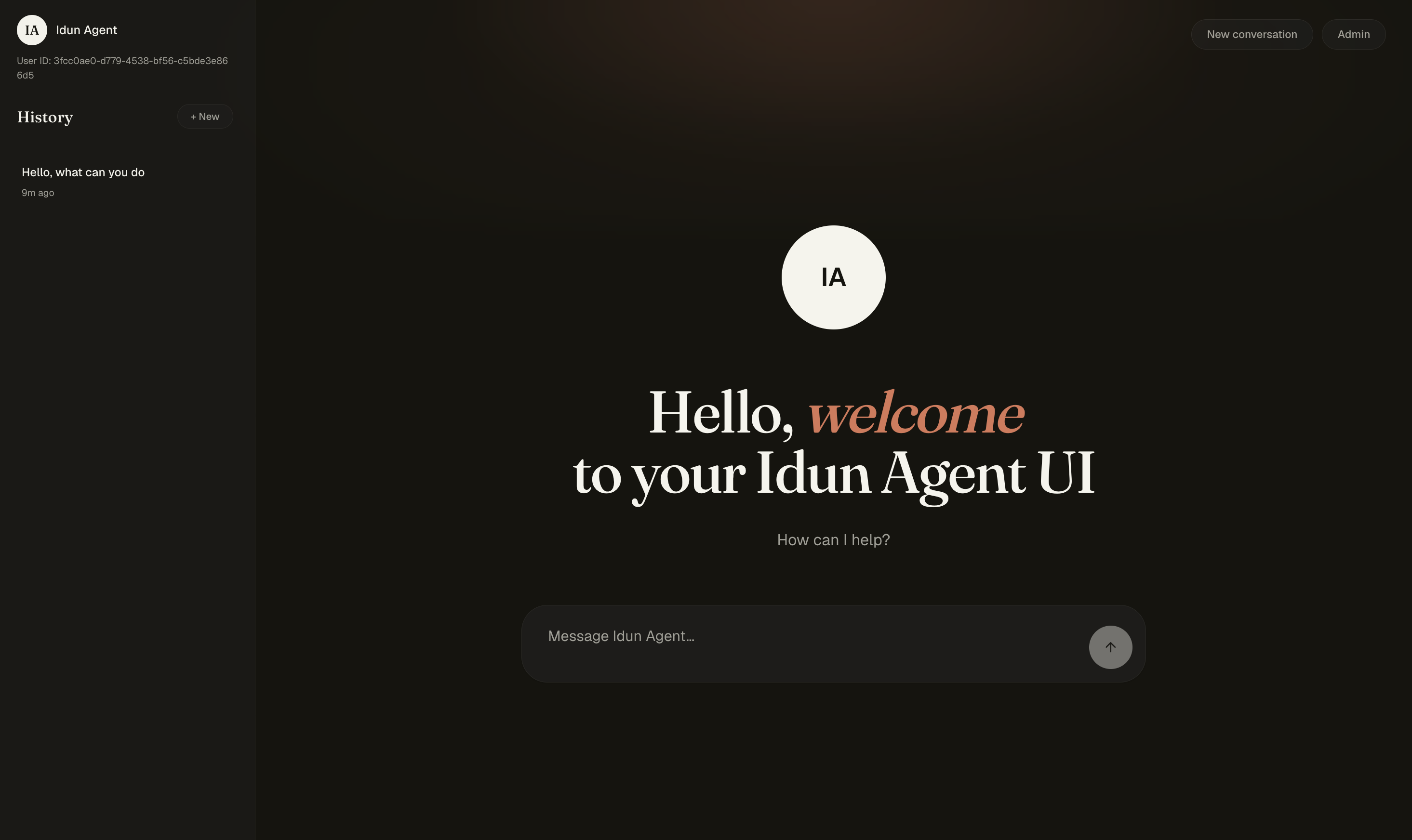 Idun Agent chat UI welcome screen