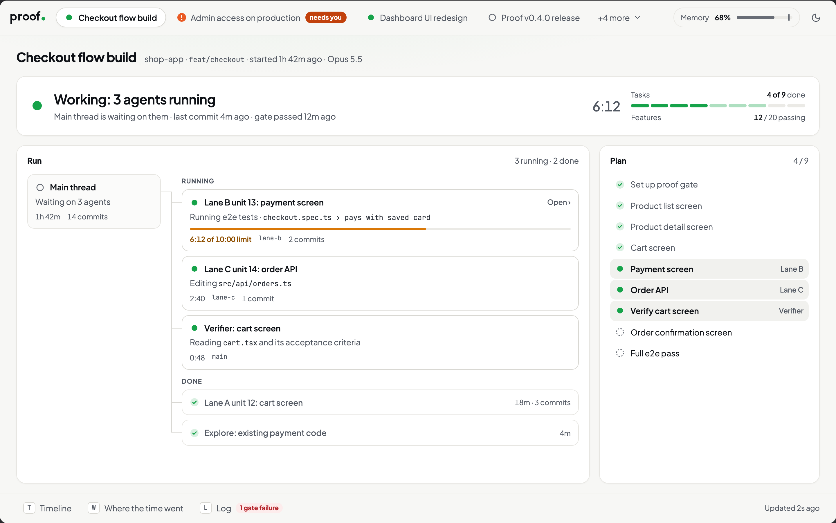 The proof dashboard: one session with three agents running, their progress, and the plan