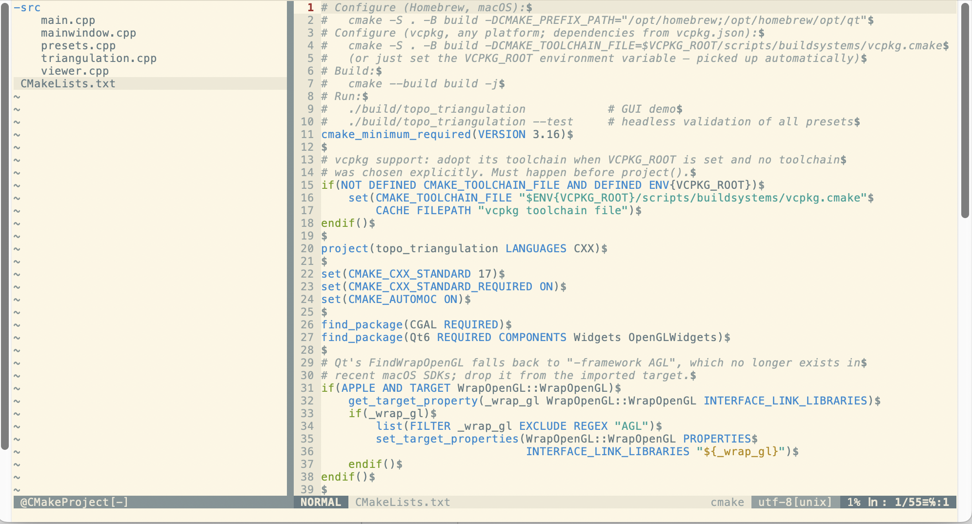 CMake project sidebar for Vim