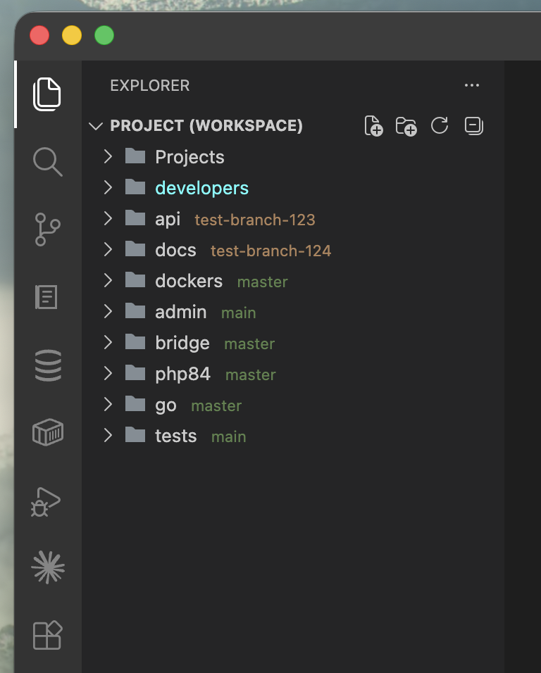 Git branch labels next to folders in the Explorer tree