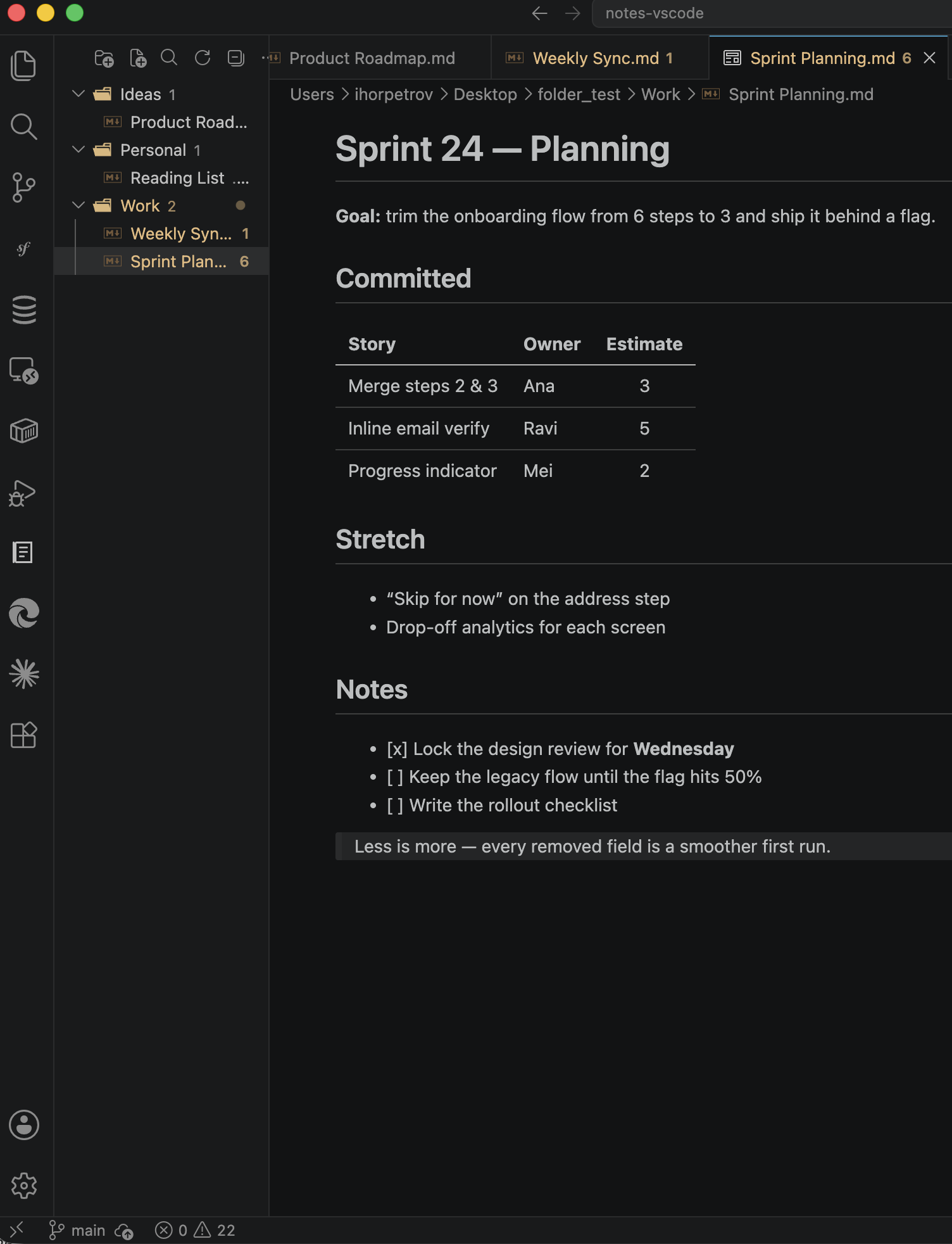 Notes — a markdown notebook in the VS Code sidebar