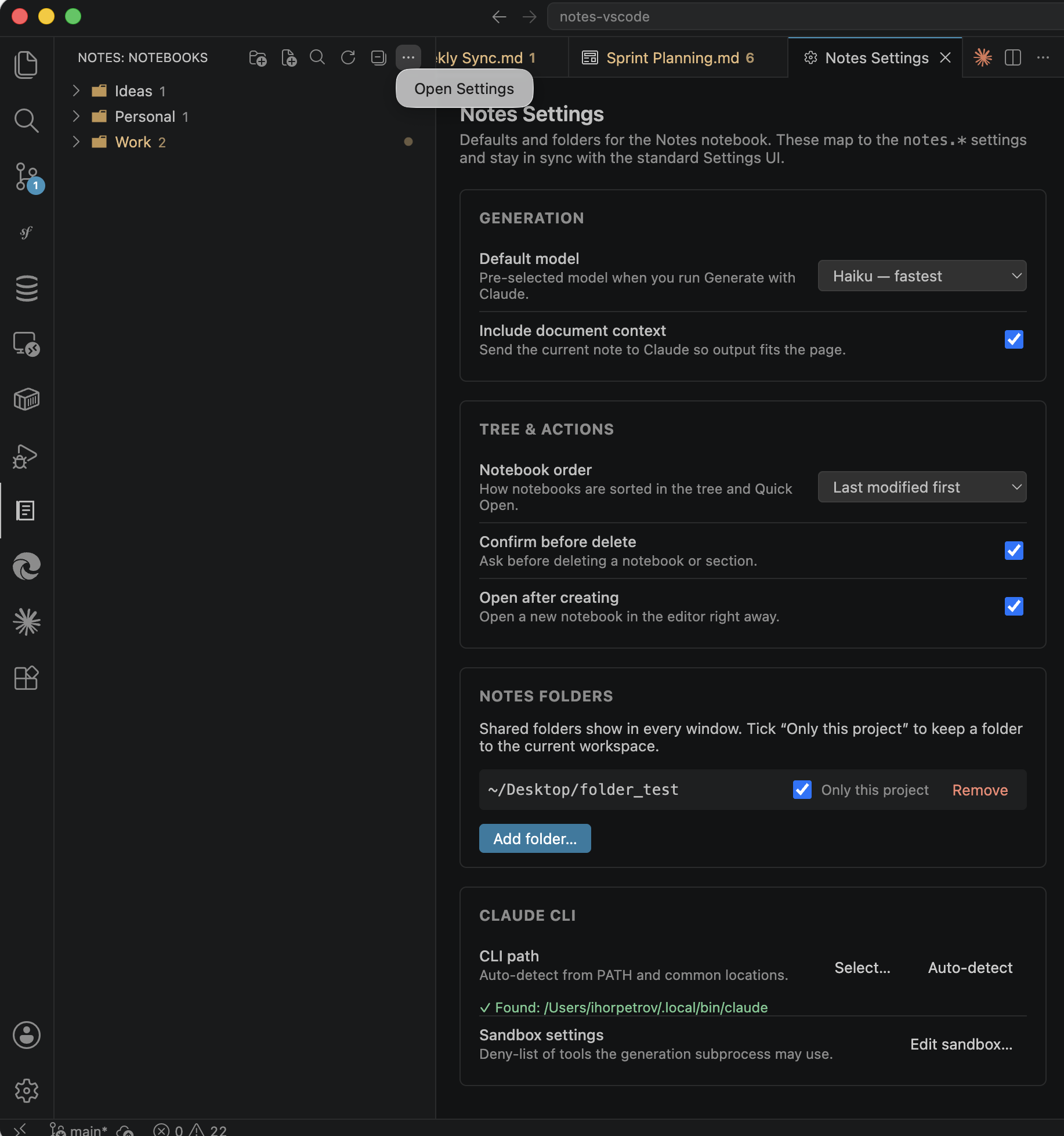 Notes settings panel