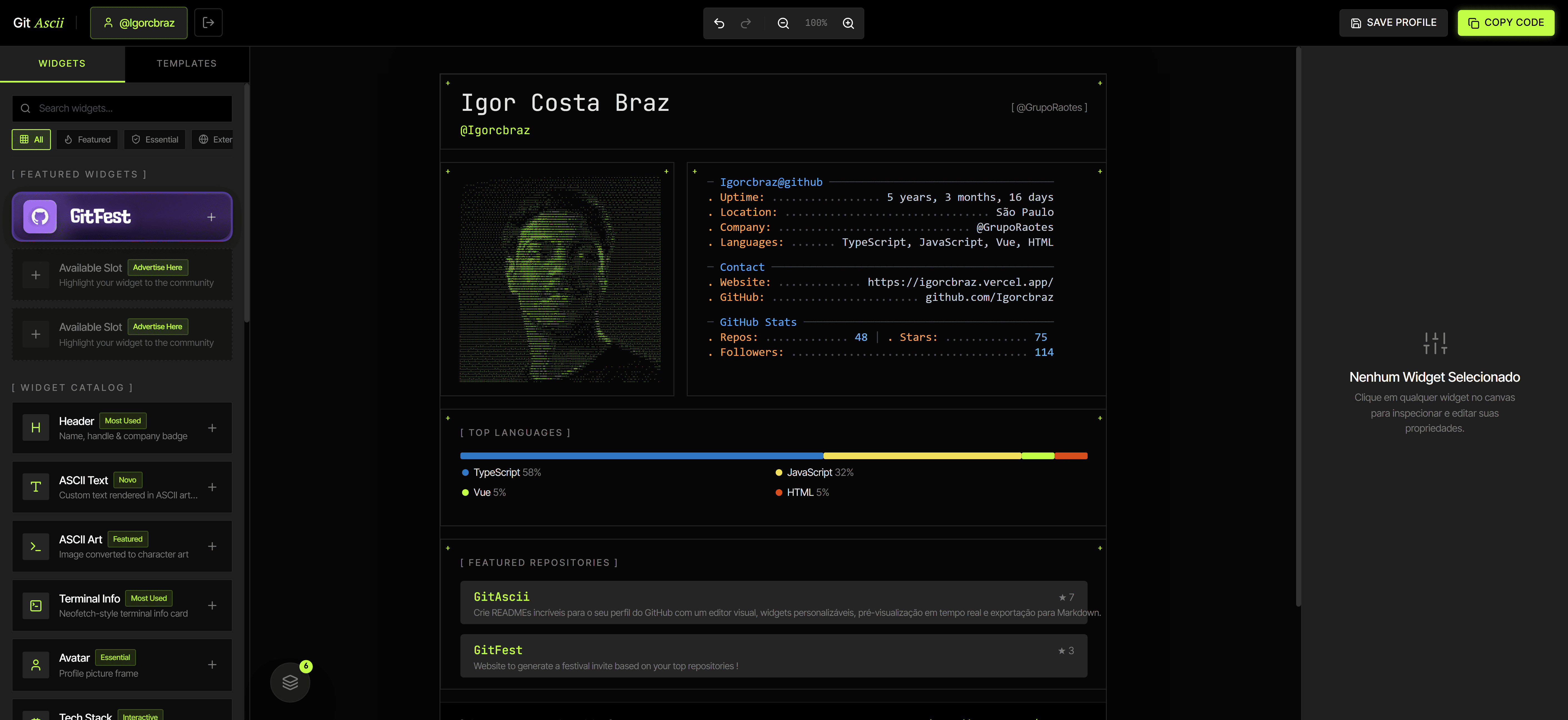 Editor visual do GitAscii aberto