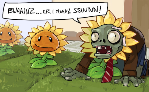 Desenho estilo quadradinhos de um zumbi fantasiado de girassol no estilo do jogo Plants vs Zombies