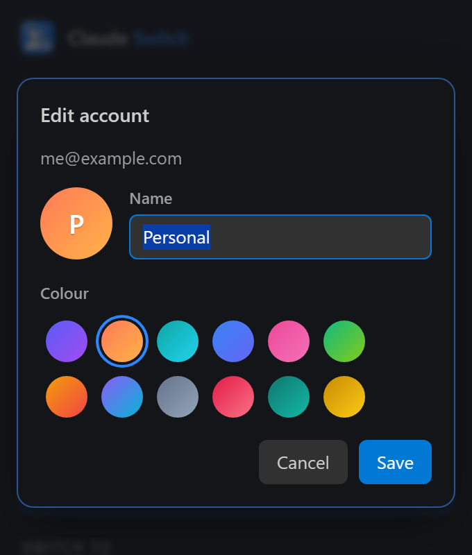 The Edit account dialog: a large avatar preview, the account name, and twelve colours to choose from