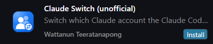 Claude Switch (unofficial) by Wattanun Teeratanapong in the VS Code Extensions view, with its Install button