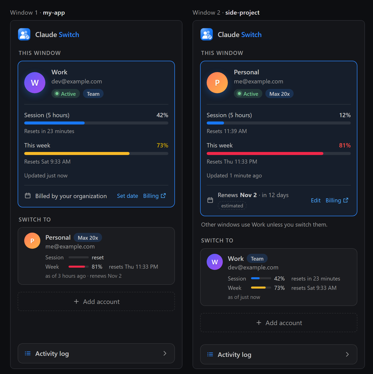 Two VS Code windows side by side: the first uses the Work account, the second uses Personal and notes that other windows use Work