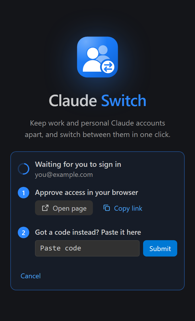 The sign-in card: waiting for you to sign in, with buttons to open the sign-in page or copy its link, and a box to paste a code
