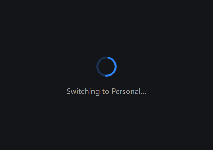 The Claude Switch tab while the window reloads: a spinner and the text Switching to Personal