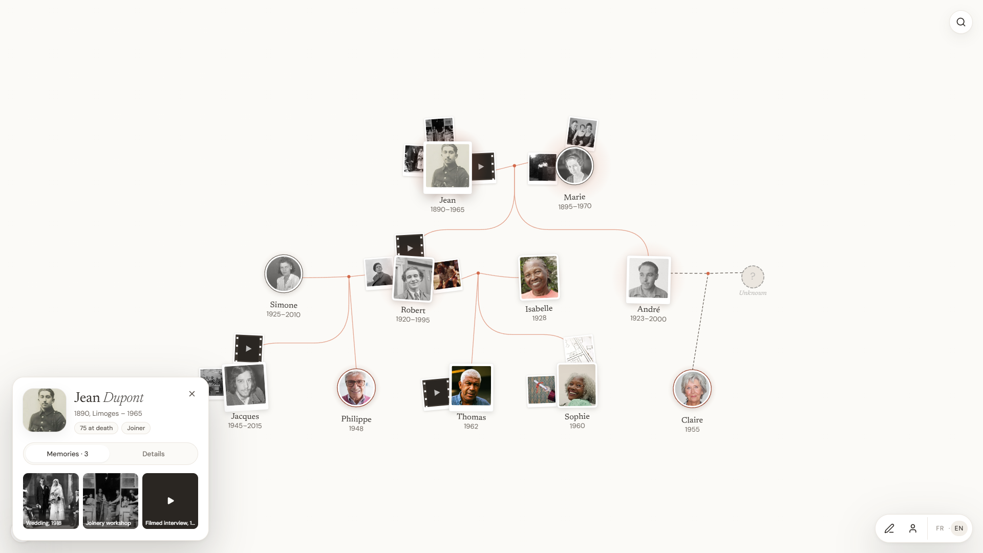 The demo tree, with Jean Dupont's profile open and his photos