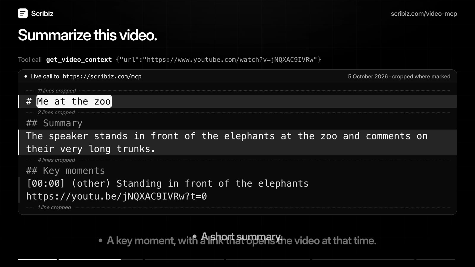 An agent's call to Scribiz: the title, a summary and a key moment of a video, with a link that opens it at that time