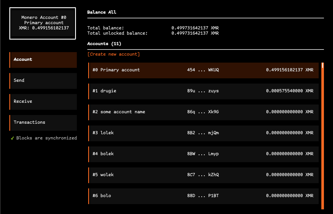 Screenshot showing Account Tab in Monero Tui