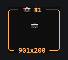 A pasted image as a camera chip: rounded card reading 📷 #1 above the editor, with the image size 901x200 on the bottom border