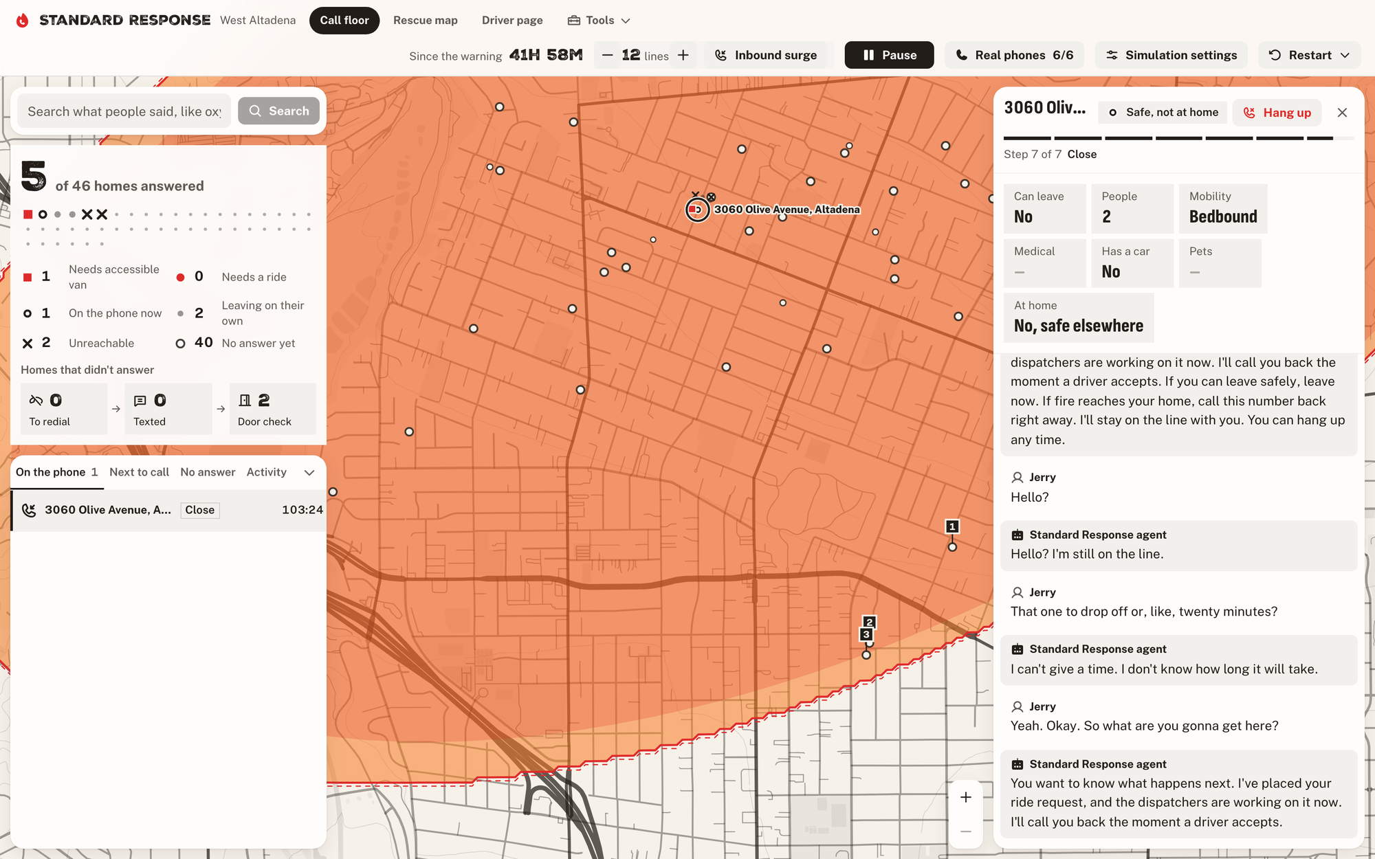 The call floor mid-call: every home's status on the left, and the agent's live transcript with the record it fills in on the right