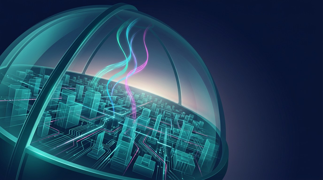 A sealed glass dome enclosing a glowing city of services, three ribbons of light rising through it