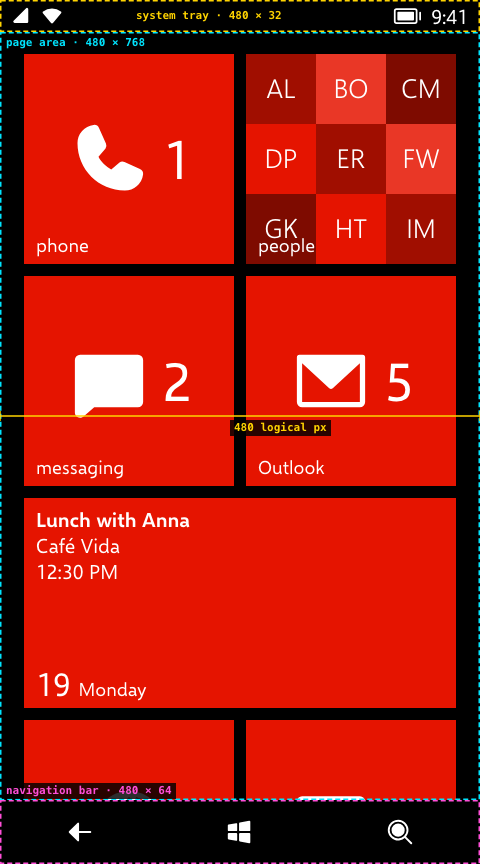 The screen's regions: system tray, page area and navigation bar