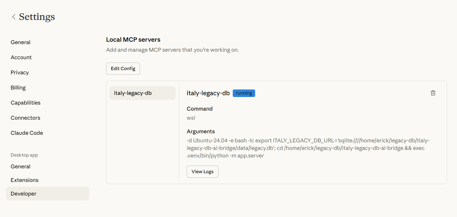 Configurazione MCP in Claude