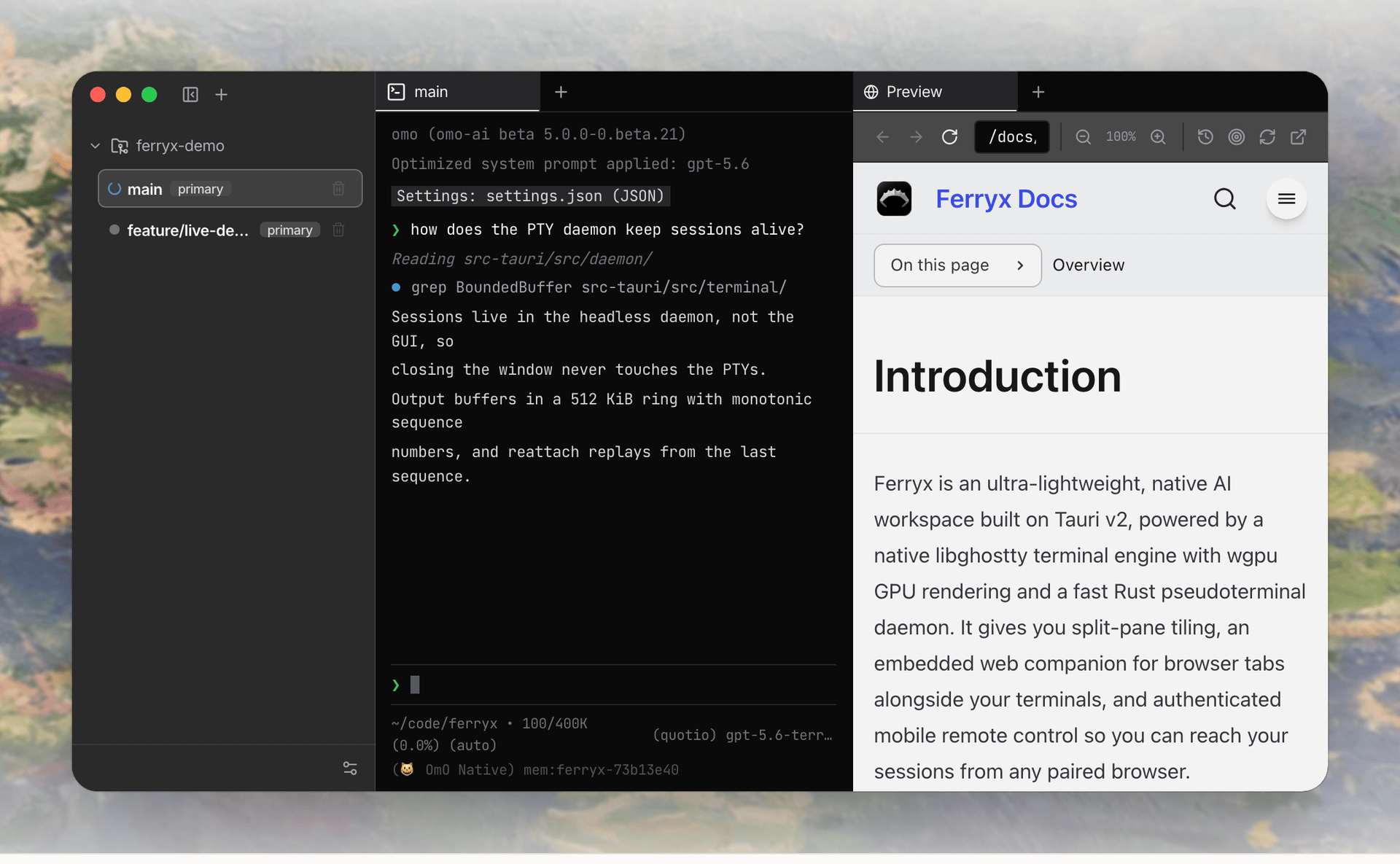 Ferryx running an agent in a split terminal next to an embedded browser tab