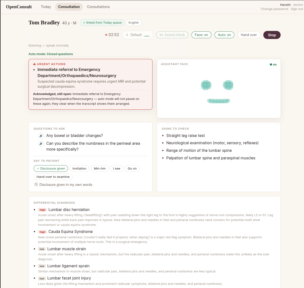 The live screen: urgent actions, questions to ask, and the differential revising as evidence arrives — cauda equina syndrome has climbed to high on the patient's own words