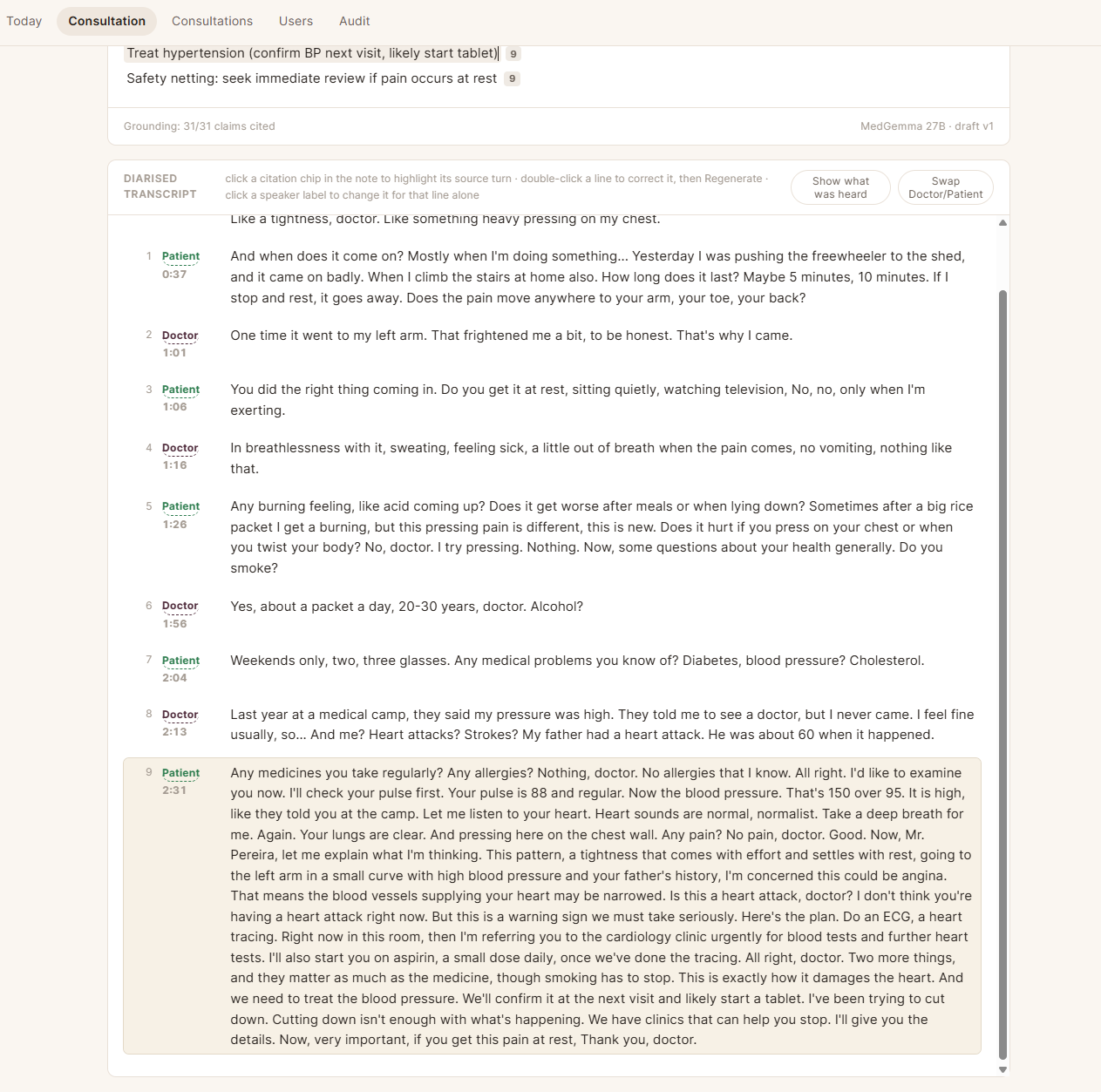 The drafted note: every claim cites the transcript turn it came from — click a citation and the turn opens