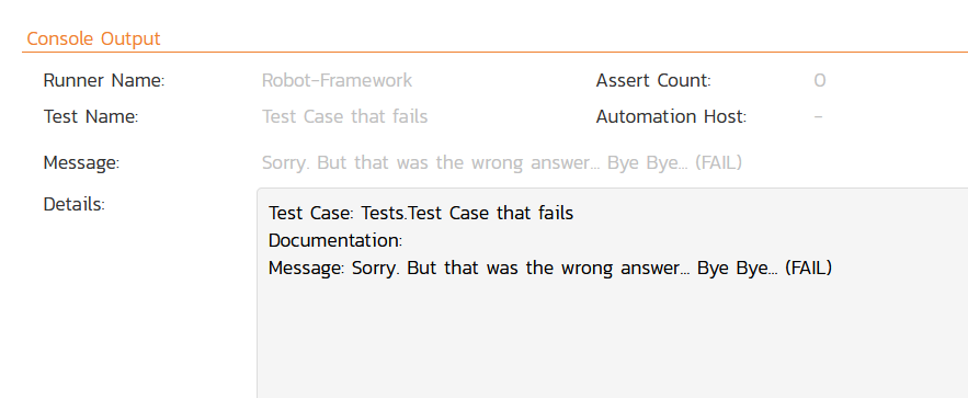 A sample failed Robot test run as it looks in Spira