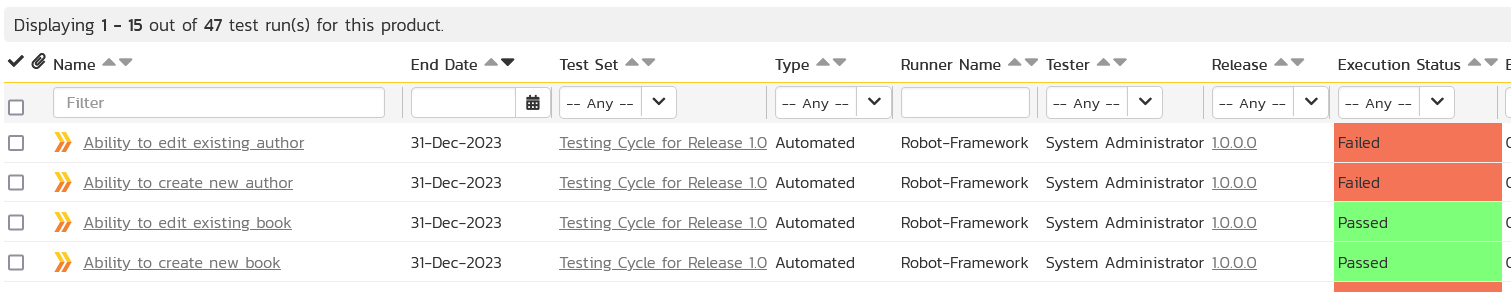 List of Robot Framework test runs in Spira