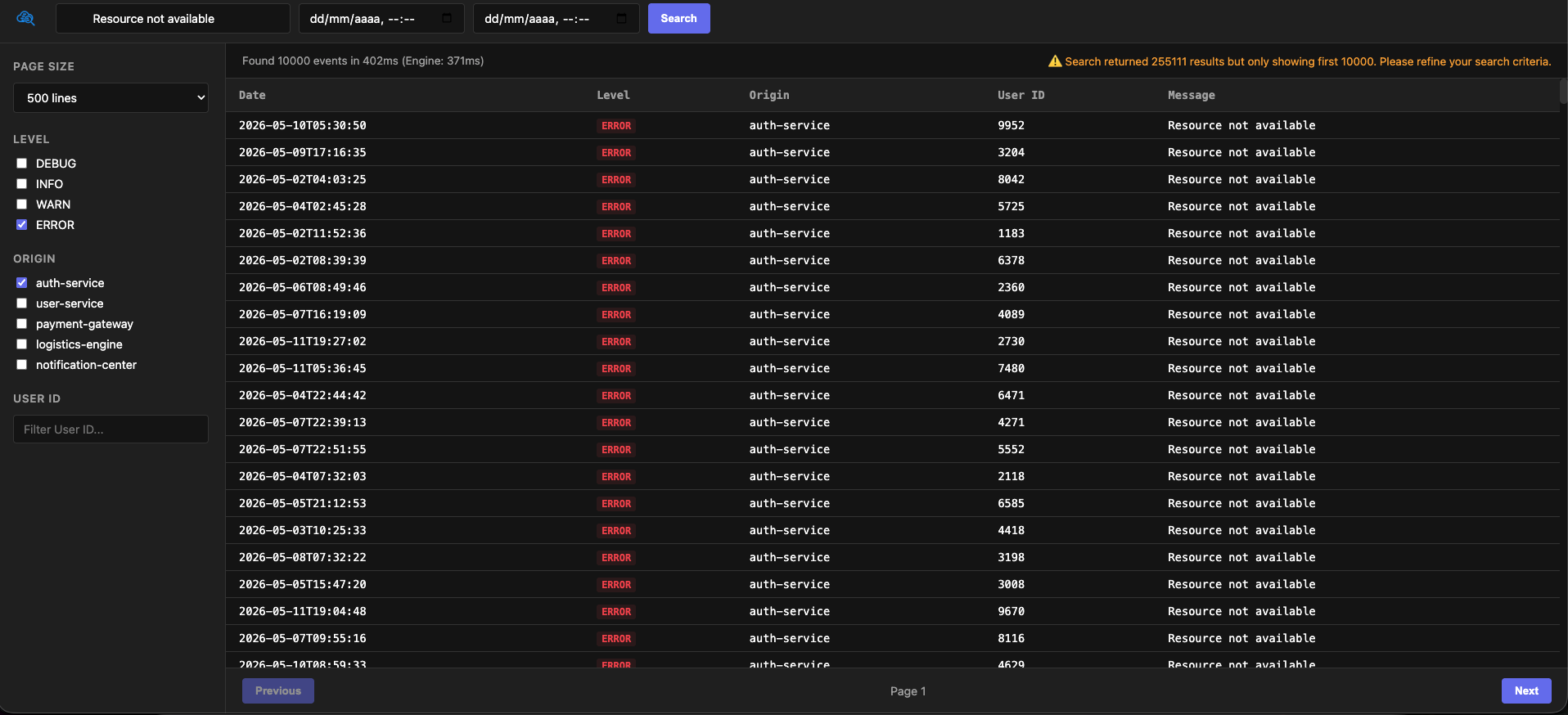LogCompressor web viewer showing searchable compressed logs