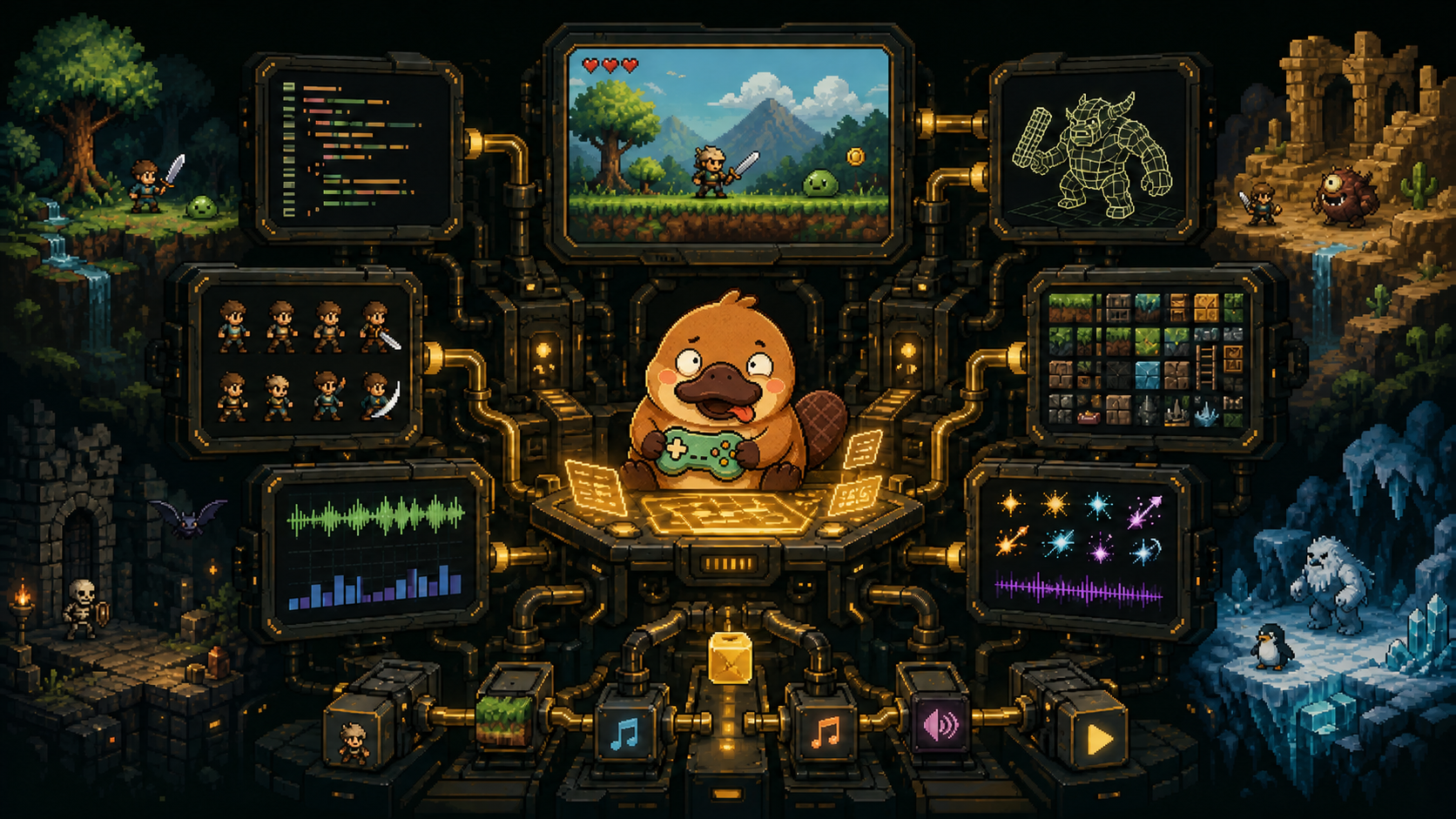 Noobi.ai mascot orchestrating code, animation, 3D, audio and playable worlds
