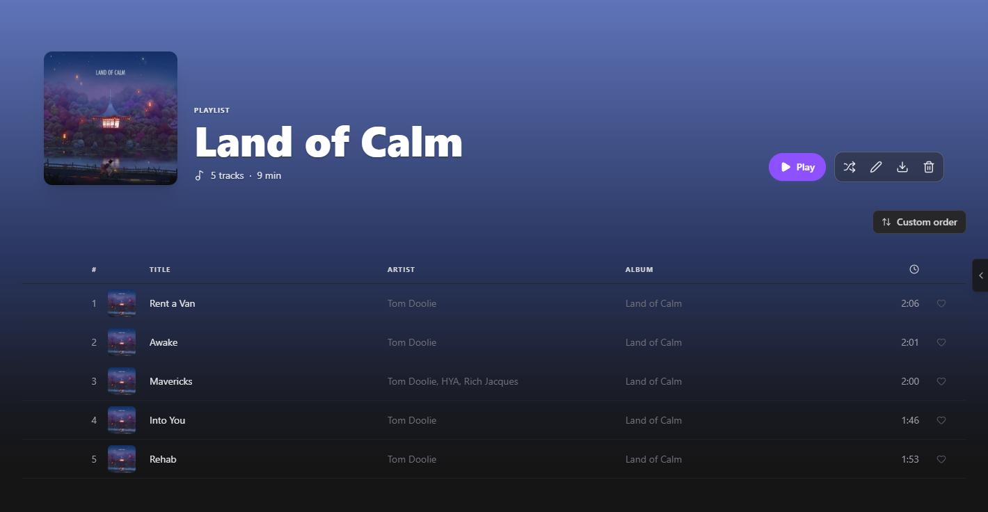 A playlist page whose header takes its colour from the album artwork above the track list