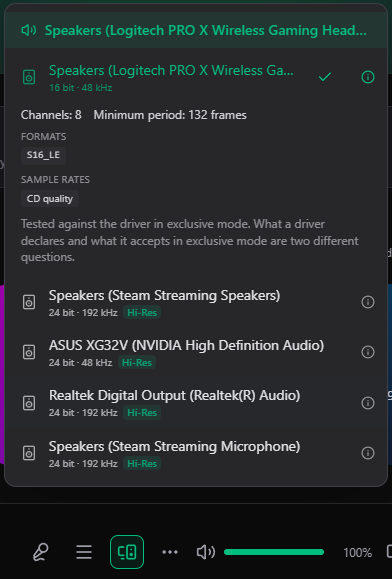 The output device menu listing each device with the formats it actually accepts