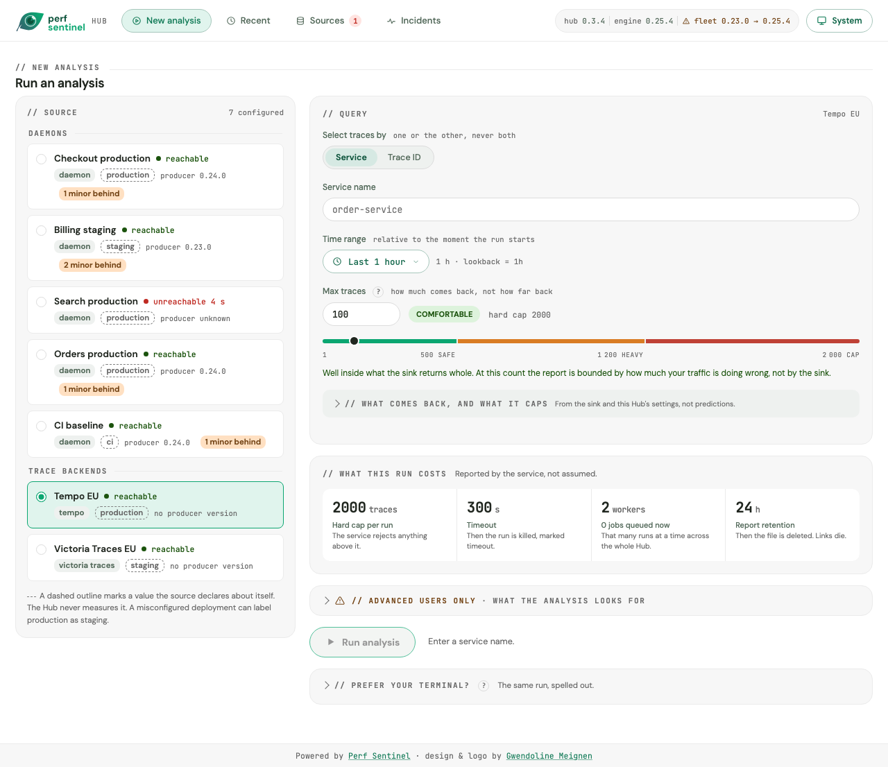 run an analysis: sources grouped by kind, the full backend form
