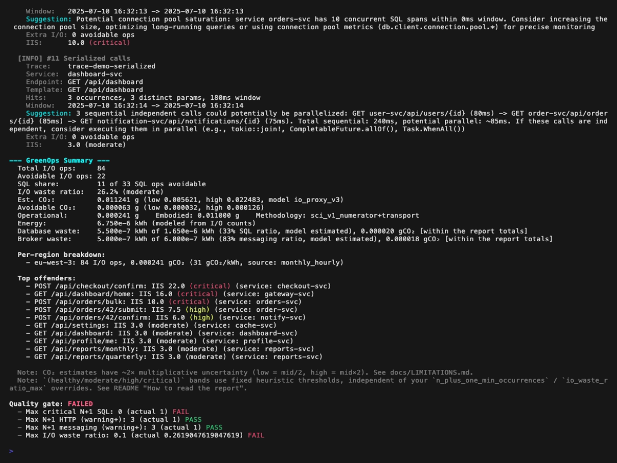 page 4: serialized calls, GreenOps summary, quality gate