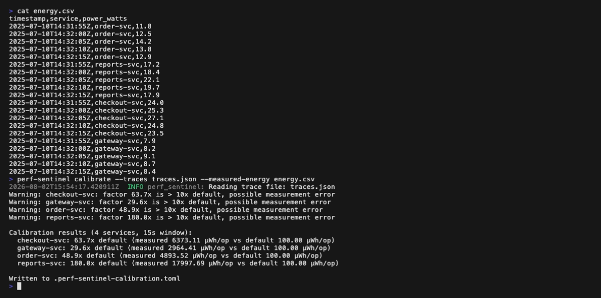 calibrate run: warnings and per-service factors printed