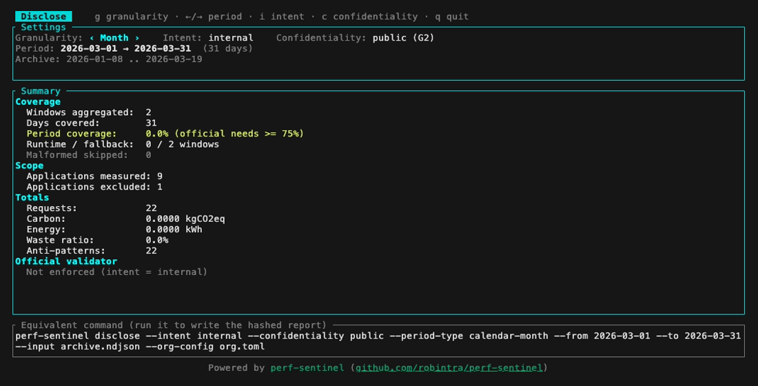 disclose preview, month view: settings header, aggregated summary, equivalent command