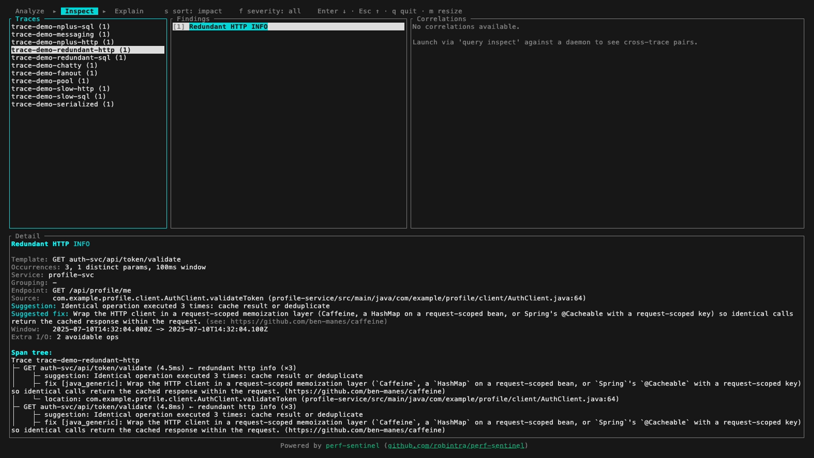 inspect TUI, redundant HTTP info (cyan): 3 identical token validations