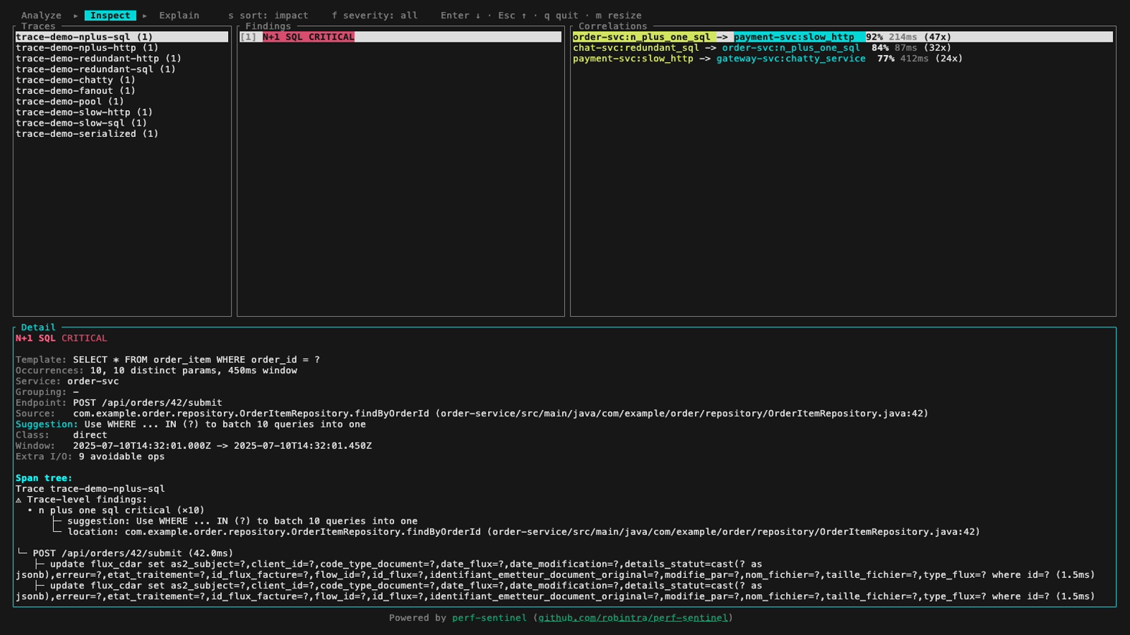 inspect TUI, Report-mode input: 4 panels with cross-trace correlations and the span tree the report carries