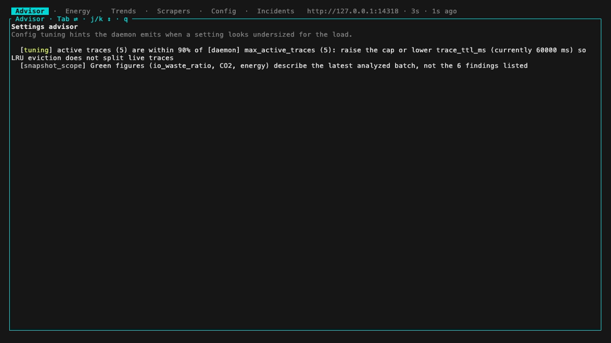 Advisor tab: the daemon's settings-advisor hints, here a trace window nearing its cap