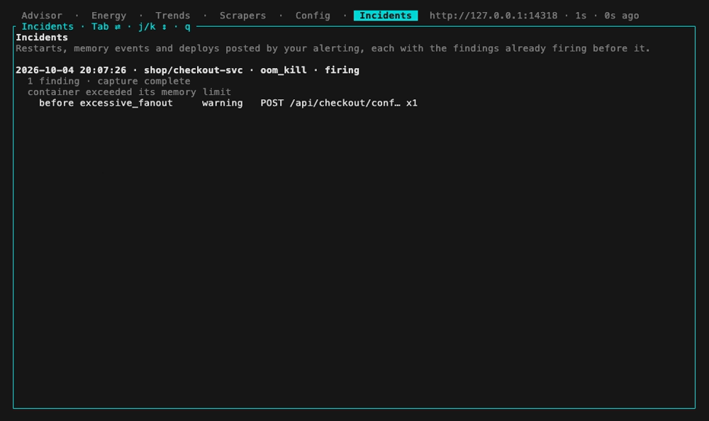 Incidents tab: one OOM kill of checkout-svc still firing, its window captured complete, one finding that fired before the restart