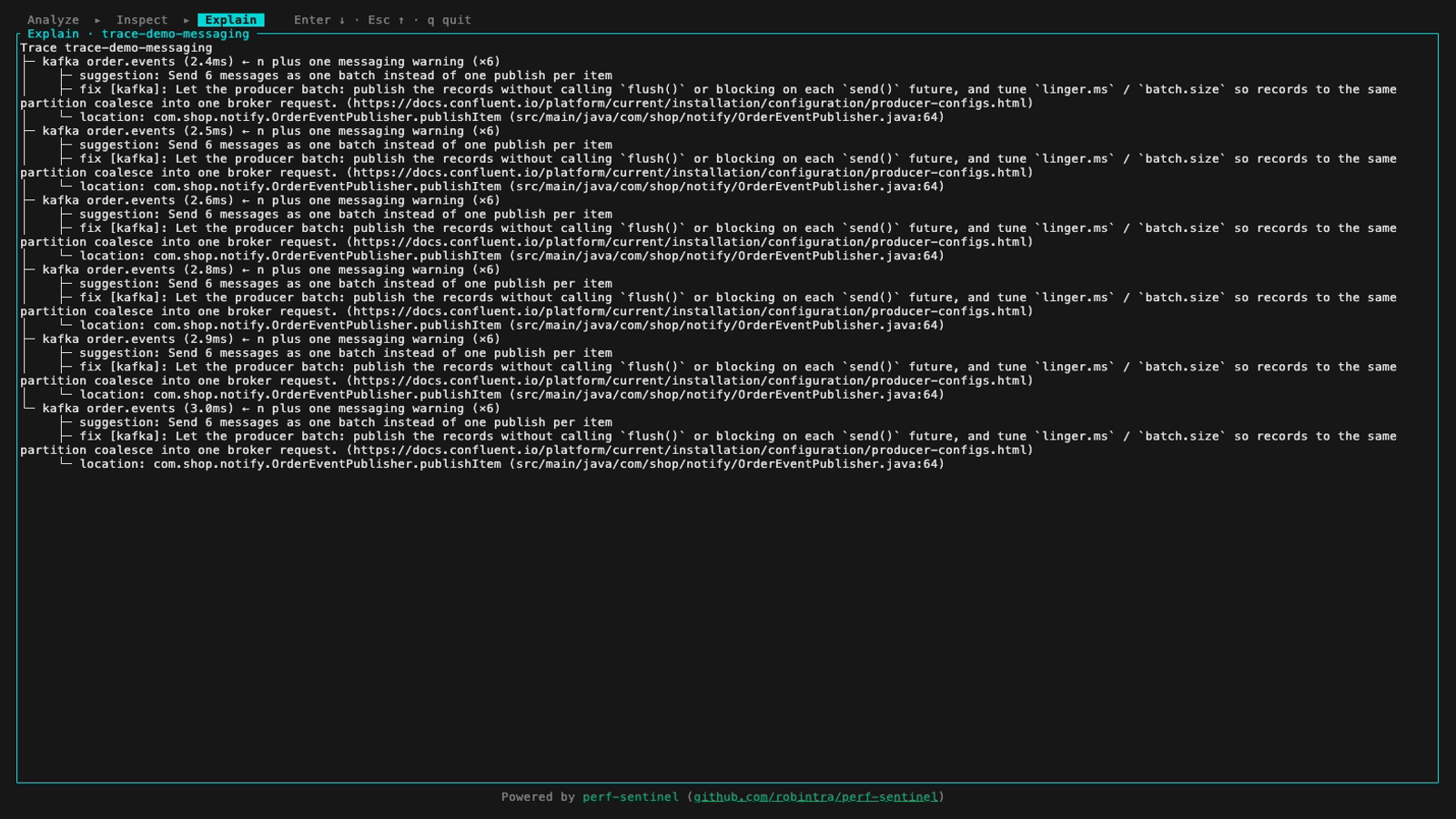 Explain view: a trace's full-screen annotated span tree