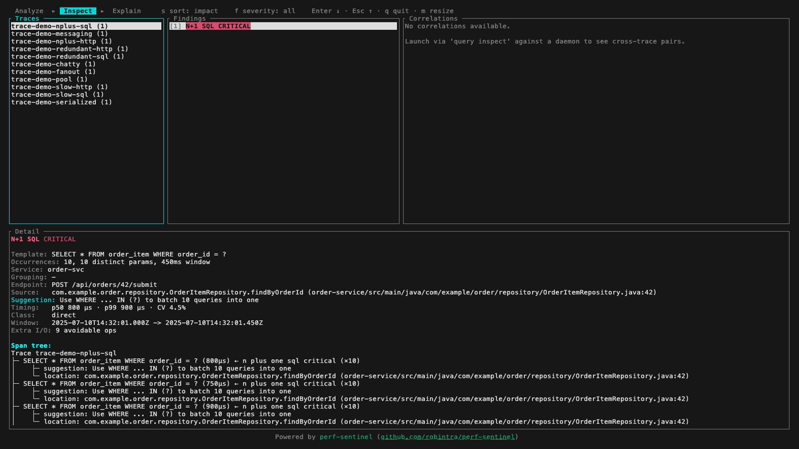 Inspect view: the four-panel browser, traces, findings, correlations and detail
