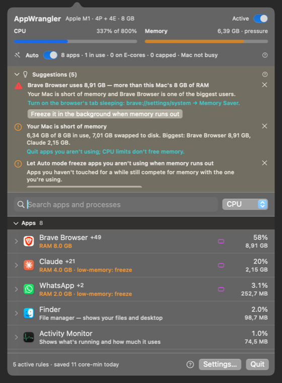 AppWrangler panel with suggestions